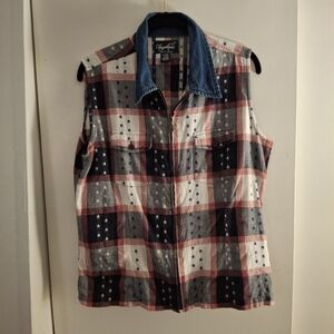 Angelique Women's Red, White, And Blue Sleeveless Denim Collar Shirt